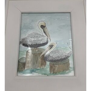 Watercolor Art Pelican Framed Signed 15x13 Original Artist Beach Cottage Decor